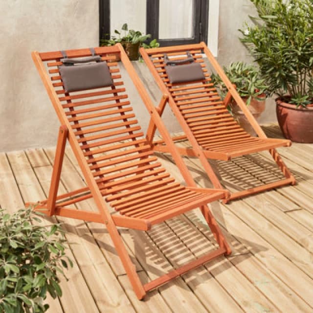 sweeek Pair Of Slatted Wooden Deck Chairs Light Brown