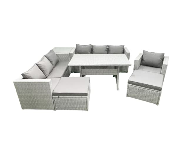 Fimous 8 Pieces Outdoor Rattan Sofa Set with Cushions Patio Garden Furniture Sets with Armchair Dining Table Side Table 2 Big Footstools Light Grey