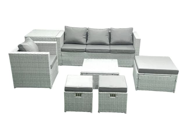 Fimous Garden Outdoor Furniture Set 7 Seater Rattan Sofa Set with 3 Footstools Armchair Side Table Light Grey Mixed Light Grey