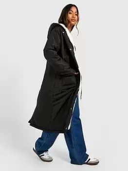 Boohoo Teddy Faux Fur Hood Lined Parka Coat - Black, Size 8, Women