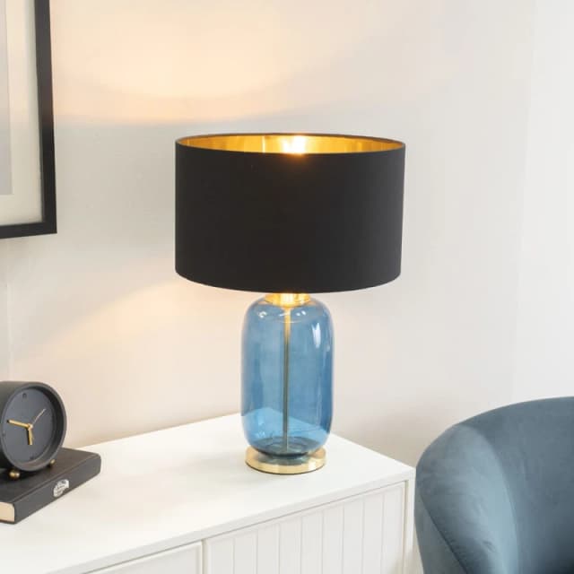 ValueLights ValueLights Leigh Black with Metallic Gold Shade with Navy Blue Glass and Gold Table Lamp Blue One Size Unisex 5059406044281
