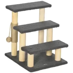 PawHut Dog Steps for Bed 3 Step Pet Stairs Cat Tree Tower w/ Jute Toy Ball Grey