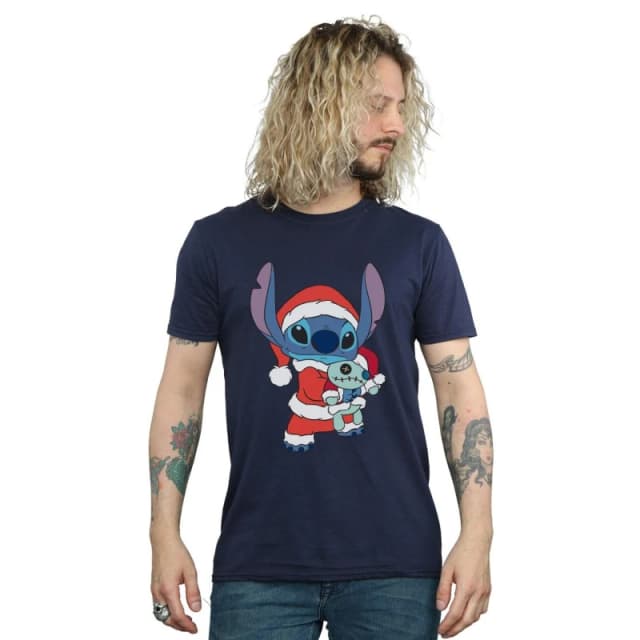 Disney Men Lilo And Stitch Stitch Christmas T-Shirt in Navy Size: Small Navy S Male 5059400307658