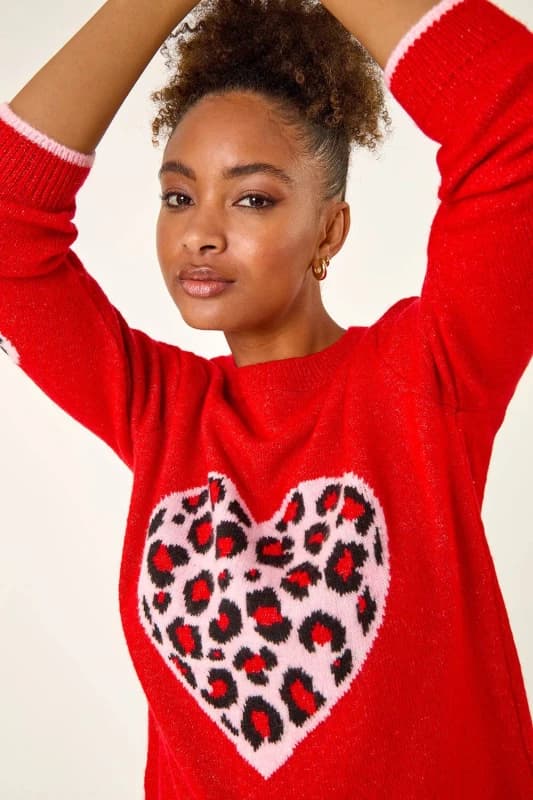 Roman Womens Animal Heart Detail Knit Jumper in Red Size: 12 Red Female 12