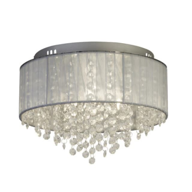 Lighting Collection 3Lt Ceiling Flush With Wrapped Chiffon Shade & Glass Drops, Silver 700431