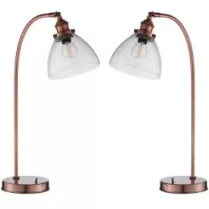 2 PACK Industrial Curved Table Lamp Tarnished Copper Glass Modern Bedside Light