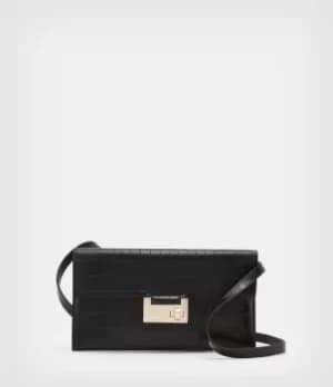 AllSaints Womens Francois Crocodile Effect Leather Crossbody Bag, Black