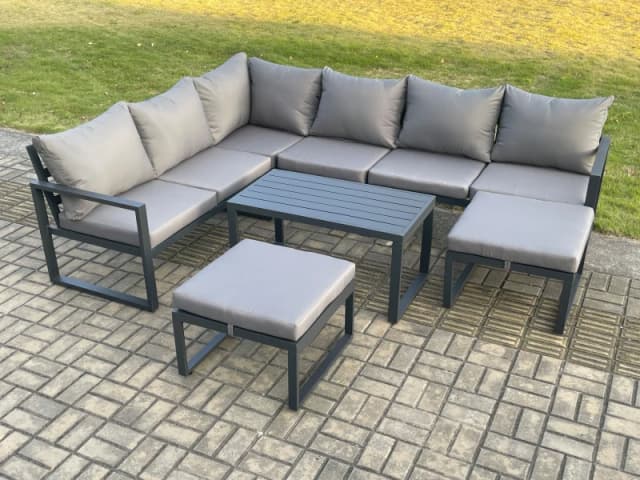 Fimous Aluminum 8 Seater Outdoor Lounge Corner Sofa Set Garden Furniture Sets with Oblong Coffee Table 2 Big Footstool Dark Grey Dark Grey Unisex