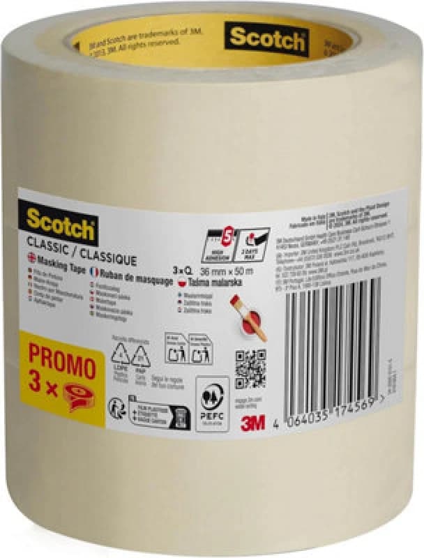 Scotch Classic Masking Tape 36mm x 50m Pack of 3 7100334057 3M17456 3M17456