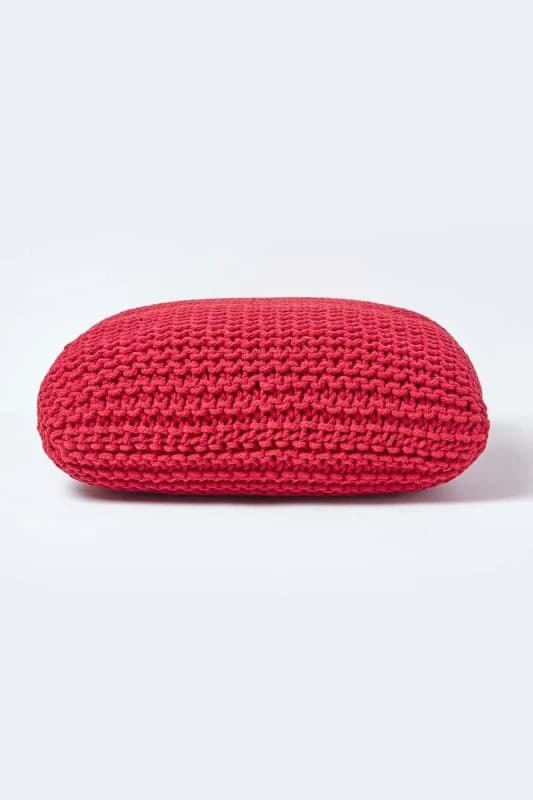 Homescapes Square Cotton Knitted Pouffe Floor Cushion Red