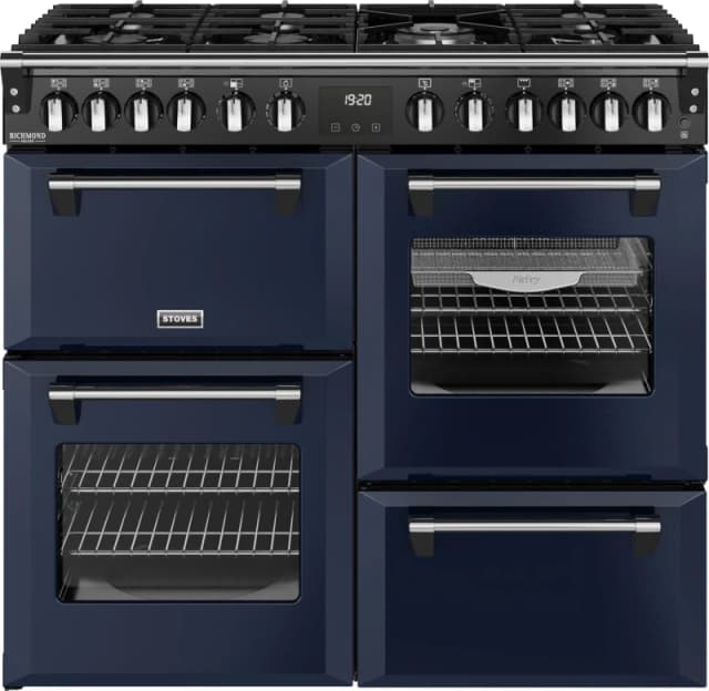 Stoves Richmond Deluxe 100DF 100cm wide Dual Fuel Range Cooker with Gas Hob - Midnight Blue - A Rated