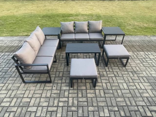 Fimous Aluminium Patio Outdoor Garden Furniture Lounge Sofa Set with Oblong Coffee Table 2 Big Footstools 2 Side Tables Dark Grey Dark Grey Unisex