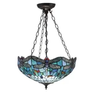 Dragonfly Tiffany 3 Light Medium Inverted Ceiling Pendant Bronze, Blue