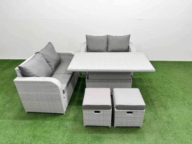 Fimous 6 Seater Outdoor Love Sofa Set Rattan Garden Furniture Set with Adjustable Lifting Dining or Coffee Table 2 Small Stools Light Grey Light Grey