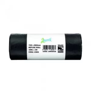 2Work Refuse Sack 100 Litre 20 Bags per Roll Pack of 10 Black BR100