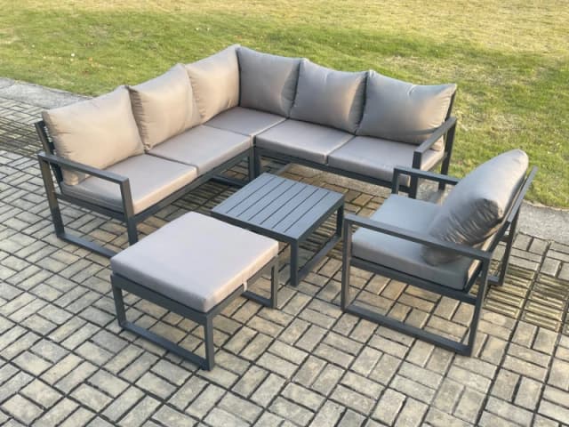 Fimous Outdoor Garden Furniture Set Aluminium Lounge Sofa Square Coffee Table Sets with Chair Big Footstool Indoor Conservatory Set Dark Grey Dark Gre