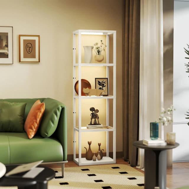 HOMCOM HOMCOM LED Floor Lamp with Glass Shelves, Dimmable Room Lamp, Bleached Oak in Light Oak Light Oak One Size Unisex 5063603111820