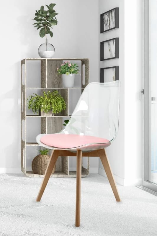 Fusion Living Soho Clear Plastic Dining Chair with Squared Light Wood Legs in Dusty Pink Dusty Pink Unisex