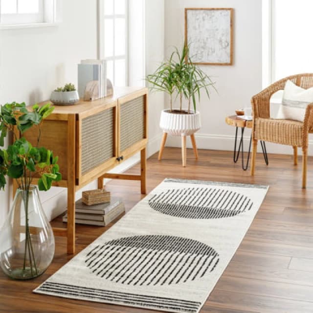 Livabliss Scandi Geometric White/black Enso Runner Rug 80 X 220 Cm - Easy Care, Non Shedding, Ideal For Hallway Or Beside The Bed