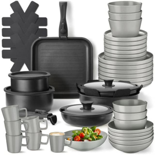 tectake Kitchen starter set for 6 people with crockery, pots etc, grey/black, 47 pc, Grey 406677