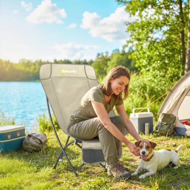 OUTSUNNY Camping Chair Portable with Side Pocket Khaki Size: Single Khaki Unisex Single