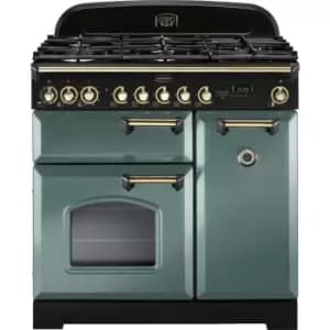 Rangemaster Classic Deluxe CDL90DFFMG/B 90cm Dual Fuel Range Cooker - Mineral Green / Brass - A/A Rated