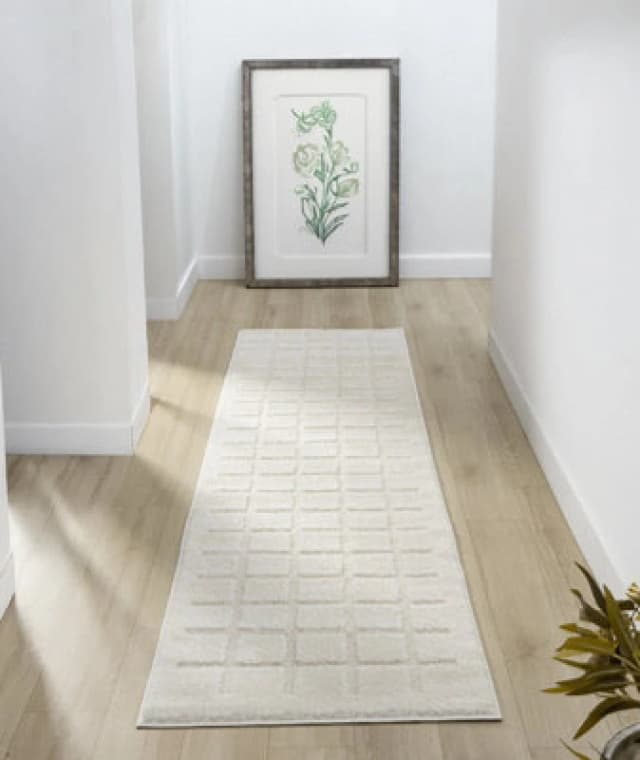 Aya Living Room Area Rugs - Embossed Cubed Design Cream 60Cm X 220Cm