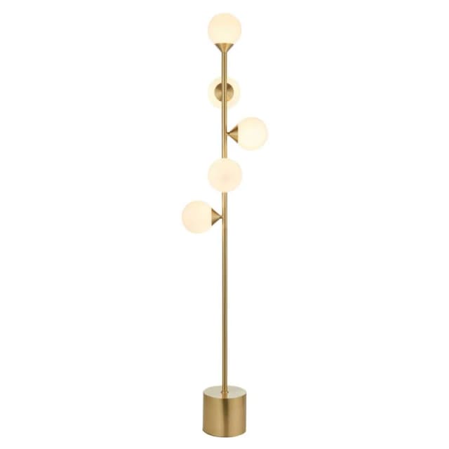 Grosseto Multi Arm Floor Lamp Satin Brass Plate, Gloss White Glass
