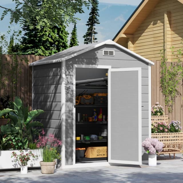 Outsunny 6 x 4ft Resin Garden Shed with Floor and Window, Grey Grey