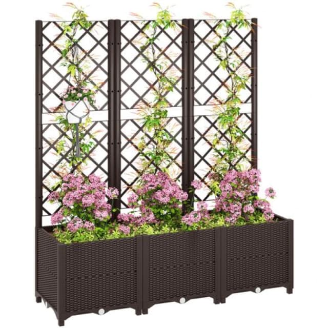 Outsunny Outsunny Plastic Planter Box with Trellis, Vegetable Planter w/ Drain Plugs Brown