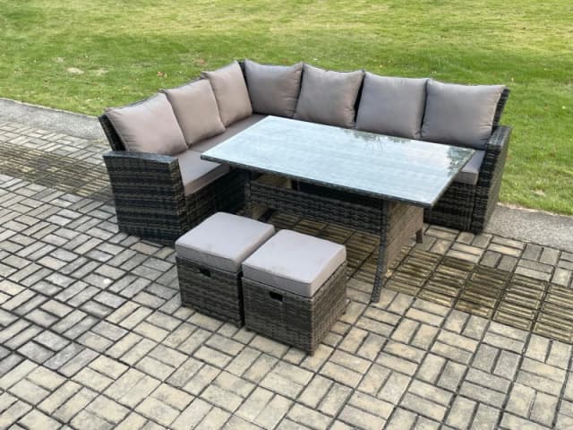 Fimous 8 Seater Garden Rattan Furniture Corner Dining Set with 2 Small Footstools Indoor Outdoor Lounge Sofa Set in Dark Grey Dark Grey Unisex