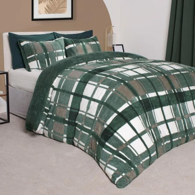 OHS OHS Teddy Fleece Duvet Cover Set Pillowcase Bedding Check in Dark Green Size: King Dark Green King Unisex 5027434172023