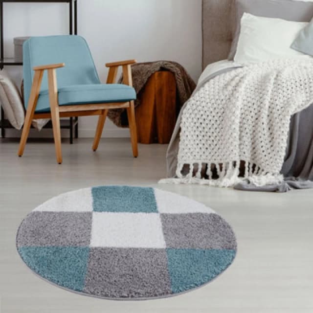 THE RUGS Fluffy & Soft Shaggy Rugs Living Room Rug - Elegant Geometric Design Carpets For Bedrooms & Kitchen 381 Size: 120cm diameter Duck Egg Bl