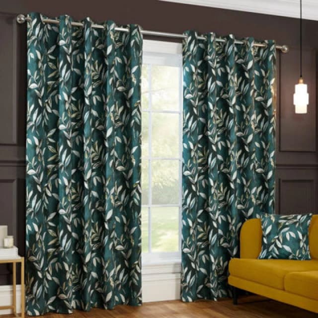 Sundour Madrid Blackout Ready Made Leaves Eyelet Curtains Bottle Green 46X54"