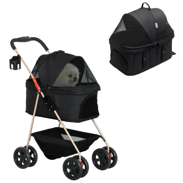 PawHut 3 in 1 Pet Stroller with Detachable Carrier for Mini Dogs, Black Black