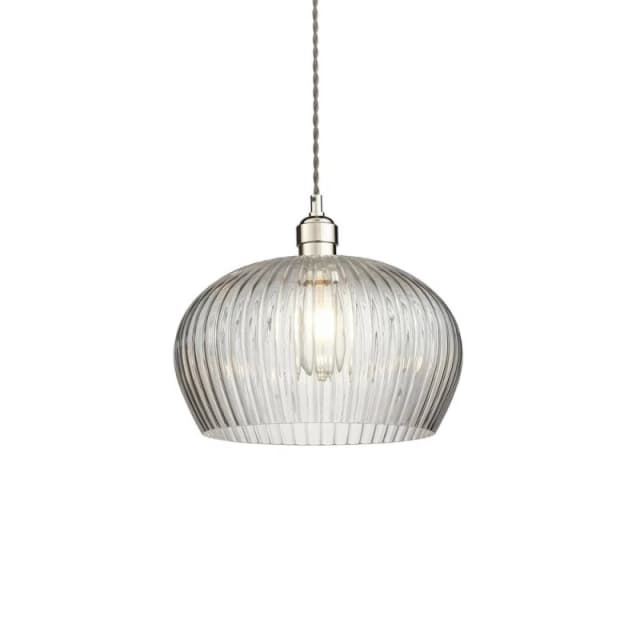 Livorno Dome Pendant Ceiling Light Bright Nickel Plate, Clear Ribbed Glass