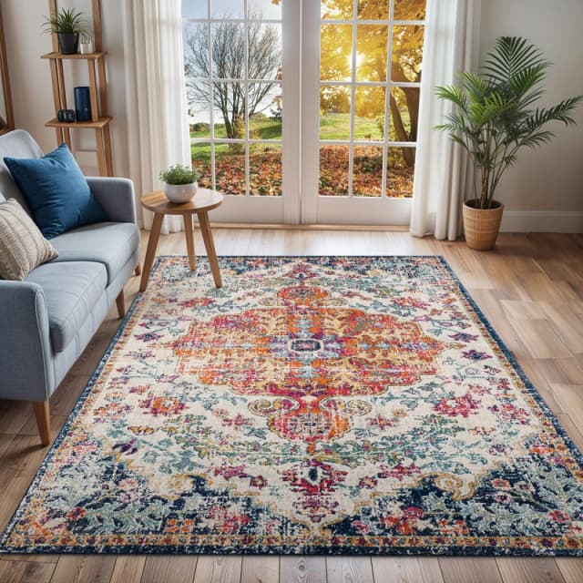 Livabliss Oval Vintage Oriental Boho Saffron/navy Lou Area Rug 200 X 275cm - Easy Care, Non Shedding, Ideal For Living Room & Bedroom