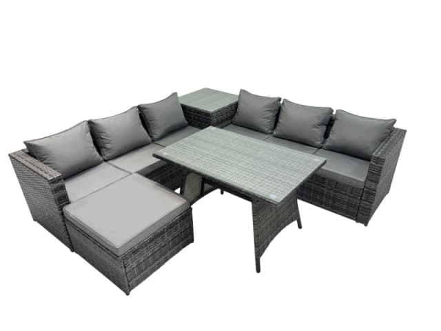 Fimous Garden Rattan Furniture Set 7 Seater with Side Table Stool Dark Grey Dark Grey Unisex