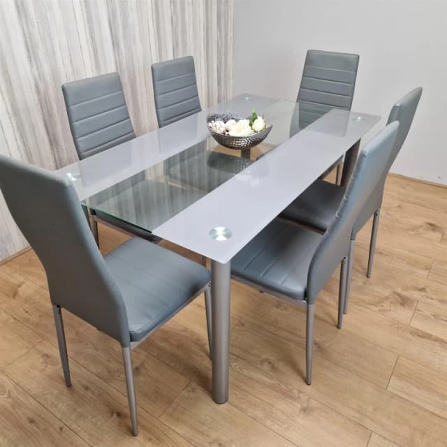 Dining Table and 6 Chairs Grey Clear Glass 6 Leather Grey Chairs Dining Room Furniture j3lo5jblu9