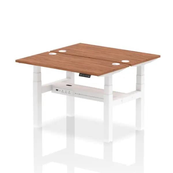 Air Air Back-to-Back 1200 x 600mm Height Adjustable 2 Person Bench Desk Walnut Top with Cable Ports White Frame HASCP2P12600WNTW