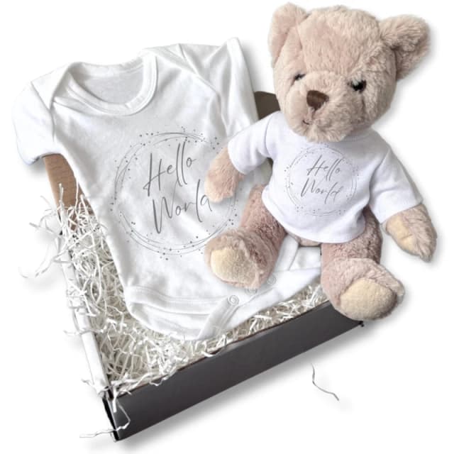 Aye Do Gifts Personalised Hello World Silver Circle Gift Hamper - Teddy & Baby Vest - NEWBORN