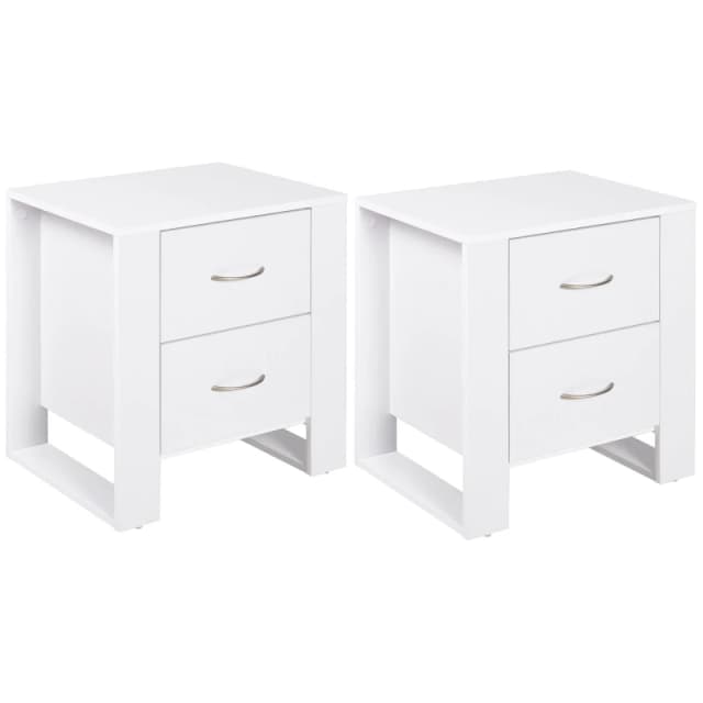 HOMCOM Bedside Duo: Sleek Nightstands with Dual Drawers, Metallic Handles & Raised Base, Bedroom Companion, Set of 2, White Aosom UK