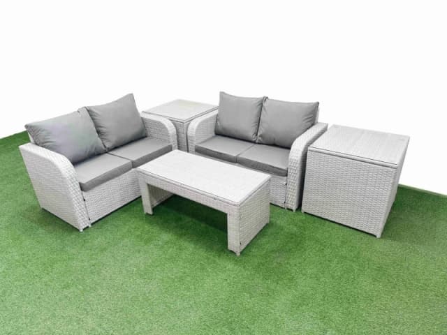 Fimous 4 Seater Outdoor Love Sofa Set Rattan Garden Furniture Set with Oblong Coffee Table 2 Side Tables Light Grey Light Grey