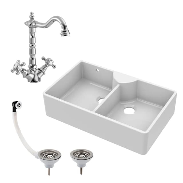 Balterley Fireclay Double Bowl Butler Sink French Classic Tap and Waste 895mm White