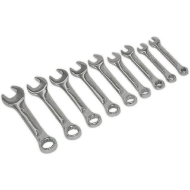 Loops 9pc STUBBY Short Handled Combination Spanner Set 12 Point Metric Ring Open Head Multi