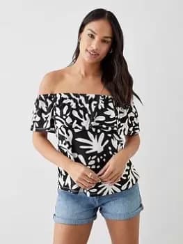 Dorothy Perkins Double Layer Printed Bardot Top - Mono, Multi, Size S, Women