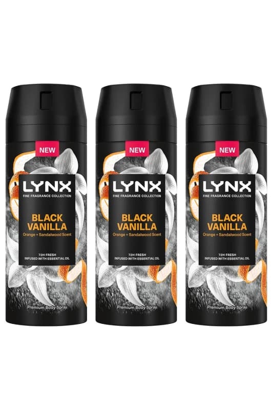 Lynx Fine Fragrance Black Vanilla Deo 'Body Spray'150ml 3 Pack Orange male