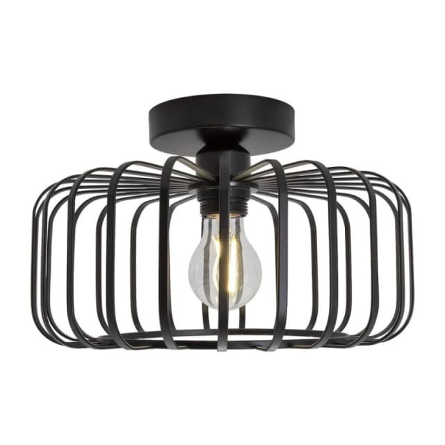 Happy Homewares Industrial Cage Designed Matte Black Metal Semi Flush Ceiling Light Black Unisex
