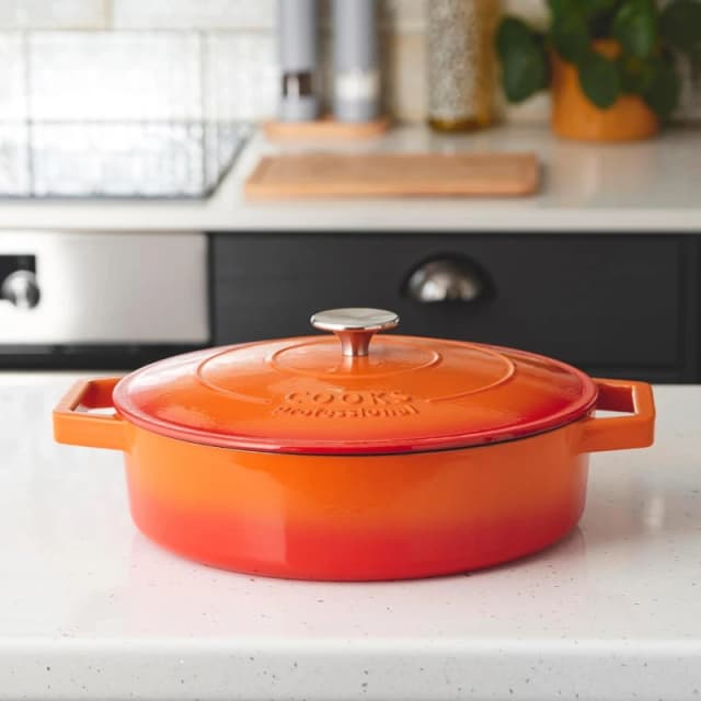 Cooks Professional Cast Iron Casserole Dish 28cm Oven Proof Enamelled Pan with Lid in Orange Orange Unisex