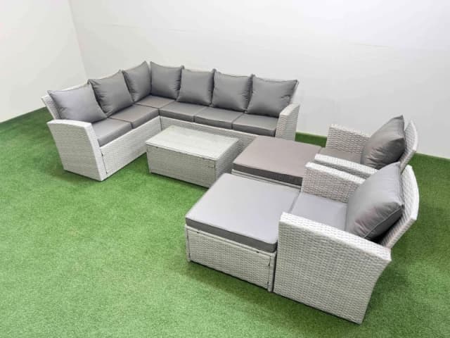 Fimous 10 Seater Garden Outdoor PE Rattan Furniture Set with 2 Big Footstools 2 Chair Light Grey Mixed Light Grey Unisex